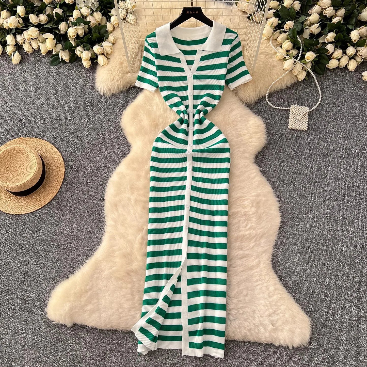 YuooMuoo Chic Fashion Sexy Wrap Hips Knitted Maxi Dress 2026 Summer Women Single-breasted Stripes Sweater Dress Streetwear Robes