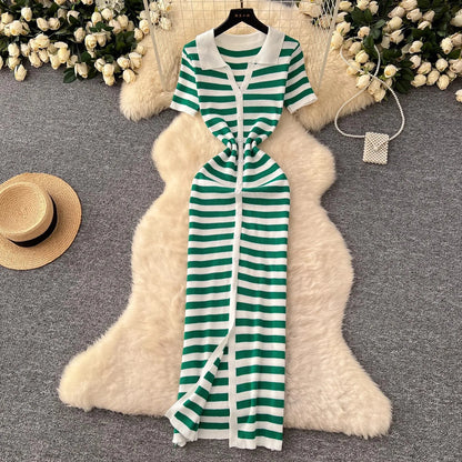 YuooMuoo Chic Fashion Sexy Wrap Hips Knitted Maxi Dress 2026 Summer Women Single-breasted Stripes Sweater Dress Streetwear Robes