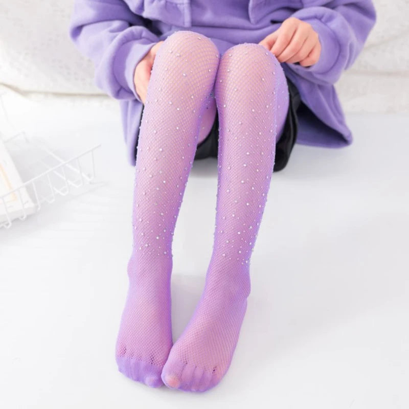 Kids Girl with Rhinestone Fashion Fishnet Stockings Hollow Lace Glitter Pantyhose for Children Girl Summer Mesh Baby Hosiery