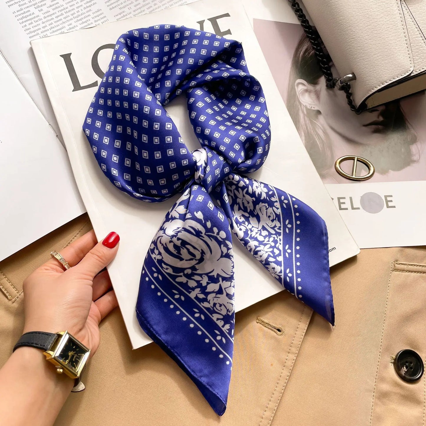 1pcs 70cm Houndstooth Printed Square Scarf For Women Silk CHRISTIAN Letters Fashionable And Versatile Headscarf Scarf Bandana