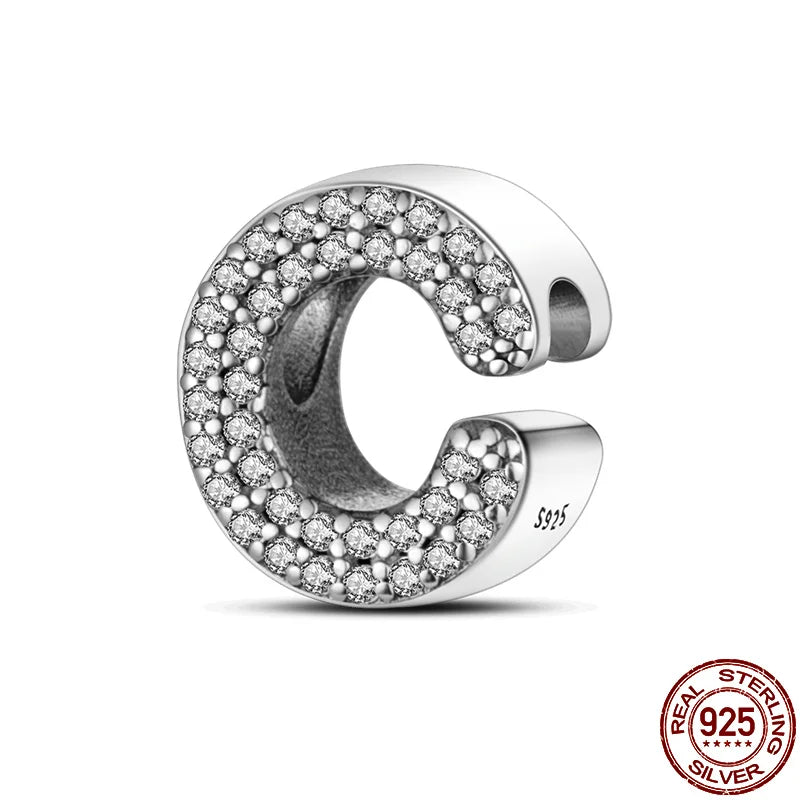 Original 925 Sterling Silver 26 Alphabet Letters Sparkling Zircon Charms Pendant Beads For Women Fine DIY Birthday Jewelry Gifts