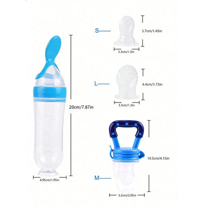 4pcs Baby Feeding Set, Baby Bottle with Suction Base Rice Cereal Bottle, Vegetable & Fruit Feeder, Two Mesh Bags (S L）