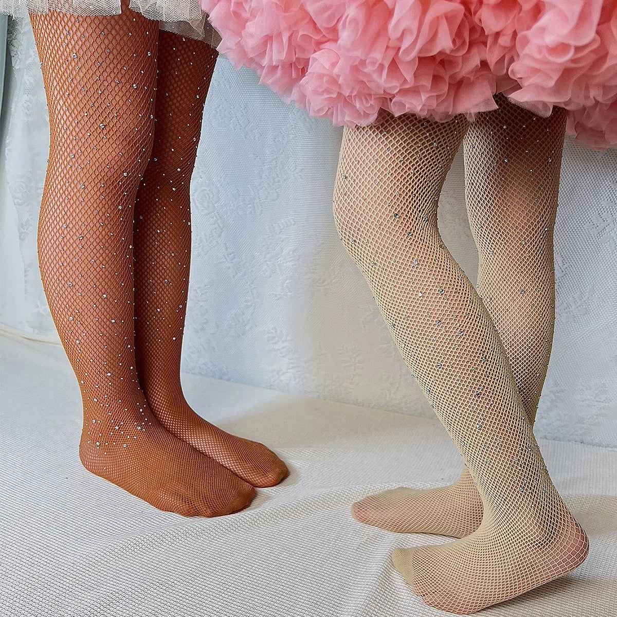 Kids Girl with Rhinestone Fashion Fishnet Stockings Hollow Lace Glitter Pantyhose for Children Girl Summer Mesh Baby Hosiery