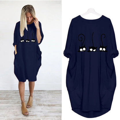 Women's Loose  Long Sleeved Summer Plus Size Dress Autumn  Winter Casual Round Neck Solid Color Long Sleeve Pocket Loose Pullove