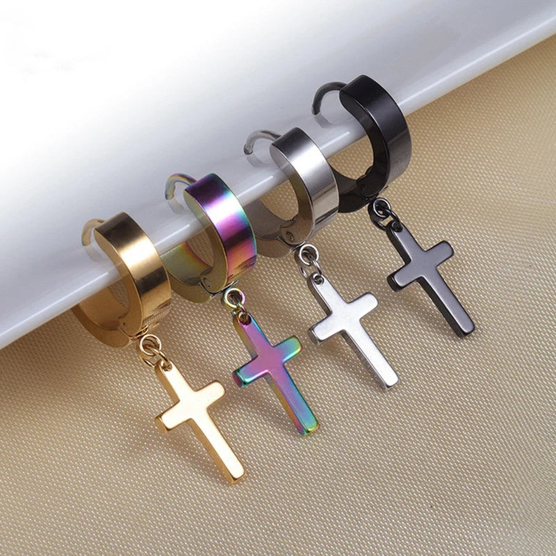 1Pair Punk Stainless Steel Cross Pendant Hoop Earrings For Men Women Not Fade Ear Rings Hip Hop Male Jewelry