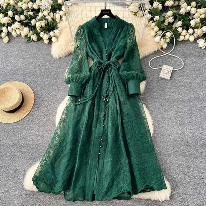 Luxury Embroidery Formal Dresses Women Summer Autumn Lantern Long Sleeve Lace Vestidos Pearl Prom Evening Birthday Dress Party