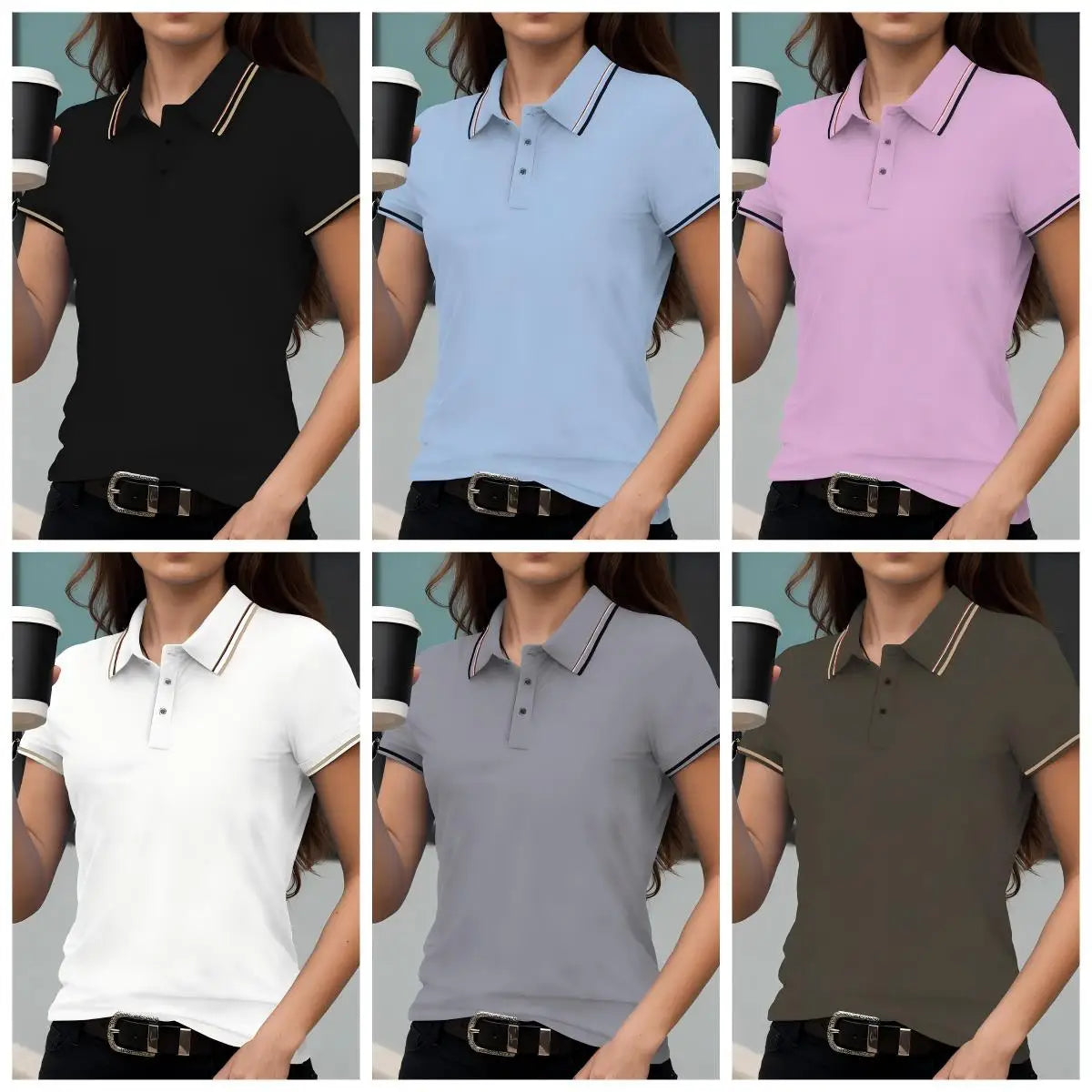 Summer Solid Color Women Stripe Polo Shirts Sport Culture T-Shirts Collar Soft Streetwear All-Match Casual Woman Short Sleeve