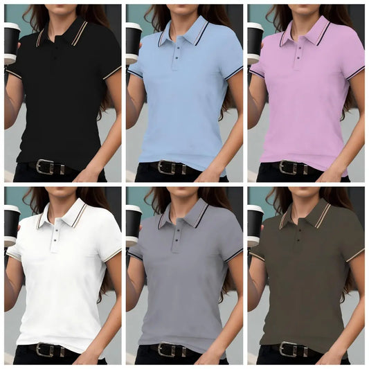 Summer Solid Color Women Stripe Polo Shirts Sport Culture T-Shirts Collar Soft Streetwear All-Match Casual Woman Short Sleeve