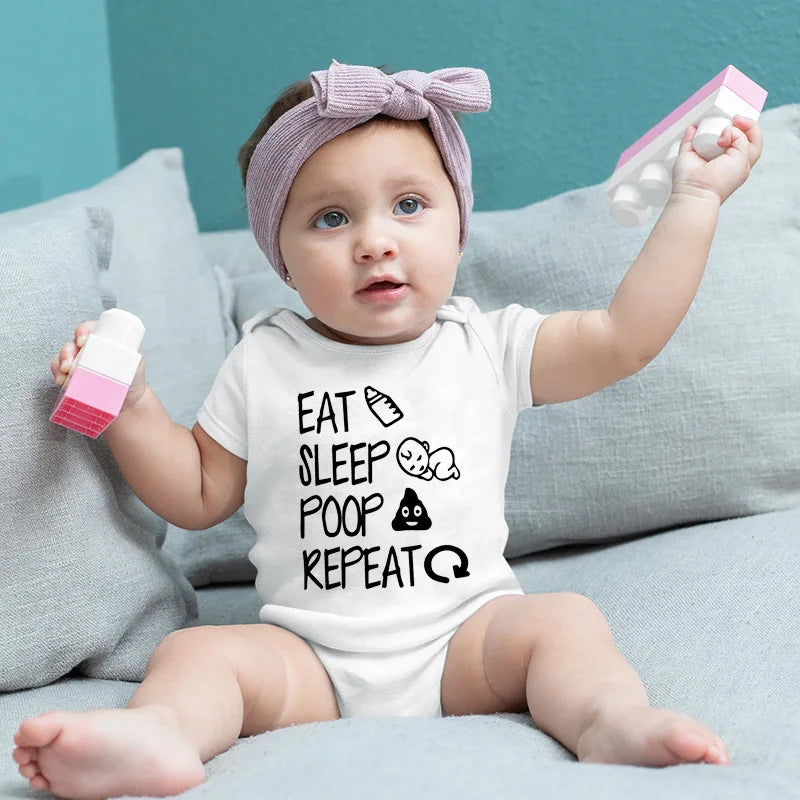 Funny Eat Sleep Poop Repeat Letter Printed Newborn Baby Romper Infant Short Sleeve Baby Body Clothes Boy Girl BodySuit 0-24M