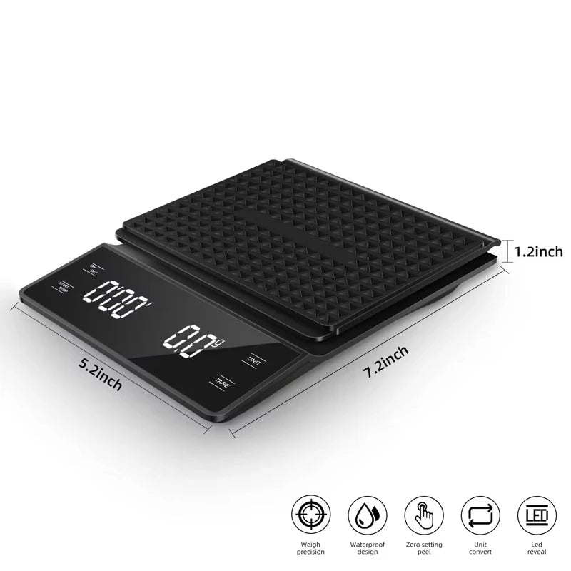 3kg/0.1g Coffee Scale with Timer Kitchen Tools Digital Multifunction Weighing Scale Pour Over Drip Espresso Scale LCD Display