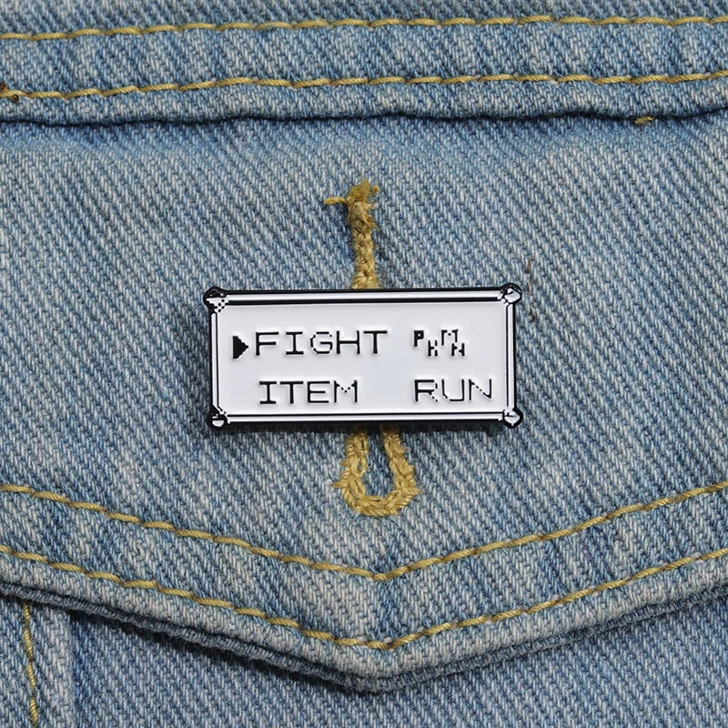 Rectangle Text Enamel Pins Custom FIGHT ITEM RUN Brooches Lapel Badges Punk Jewelry Gift for Kids Friends