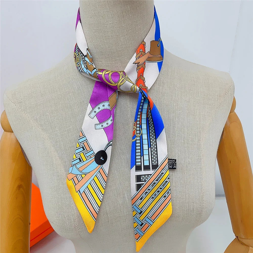 New Long Small Silk Scarf Headband Women's Double-sided Elegant Binding Strap Streamer Small Scarf Gift Ribbon Silk Scarf