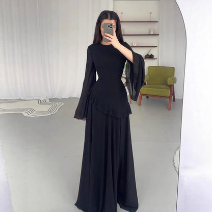 Fashion Flare Sleeve Ruff Long Dress Women Solid O-neck High Waist Slim Pleated Maxi Dresses 2025 Lady Summer Chic Party Robes