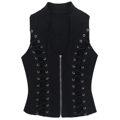 Goth Dark Punk Sleeveless Corn Bandage Tanks Top Women Chic Streetwear Slim Zip Vest Mall Gothic Techwear Summer Fashion T-shirt