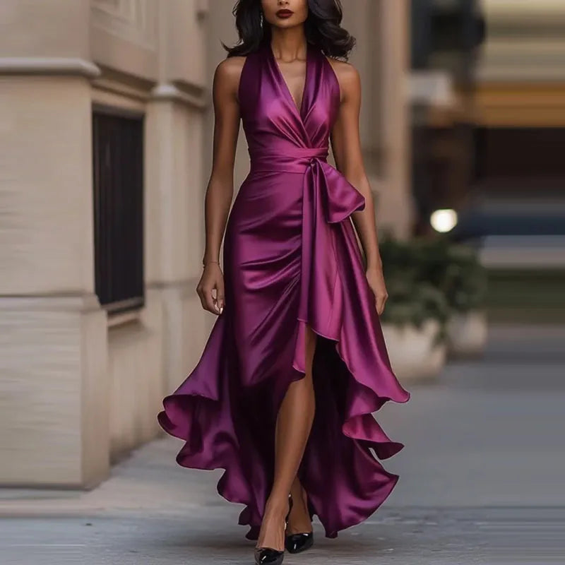 Temperament V-neck Irregular Satin Evening Dress Sexy Slim Solid Color Pleat Dress Summer New Lace Up Off Shoulder Banquet Dress
