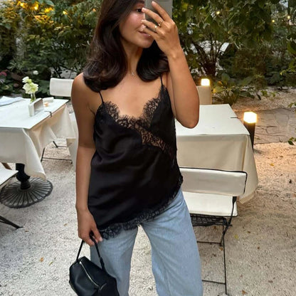 HXAO Camisole Black Lace Top Women Summer Sleeveless Cropped Sexy Tops Cut Out Backless Asymmetrical Top Woman Corset Slip Top