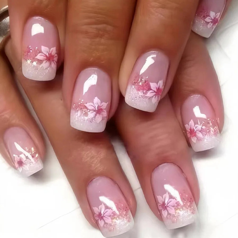 24pcs/set short square fake nails for women girls faux ongles fashion glitter geometric flowers design press on false nail kit