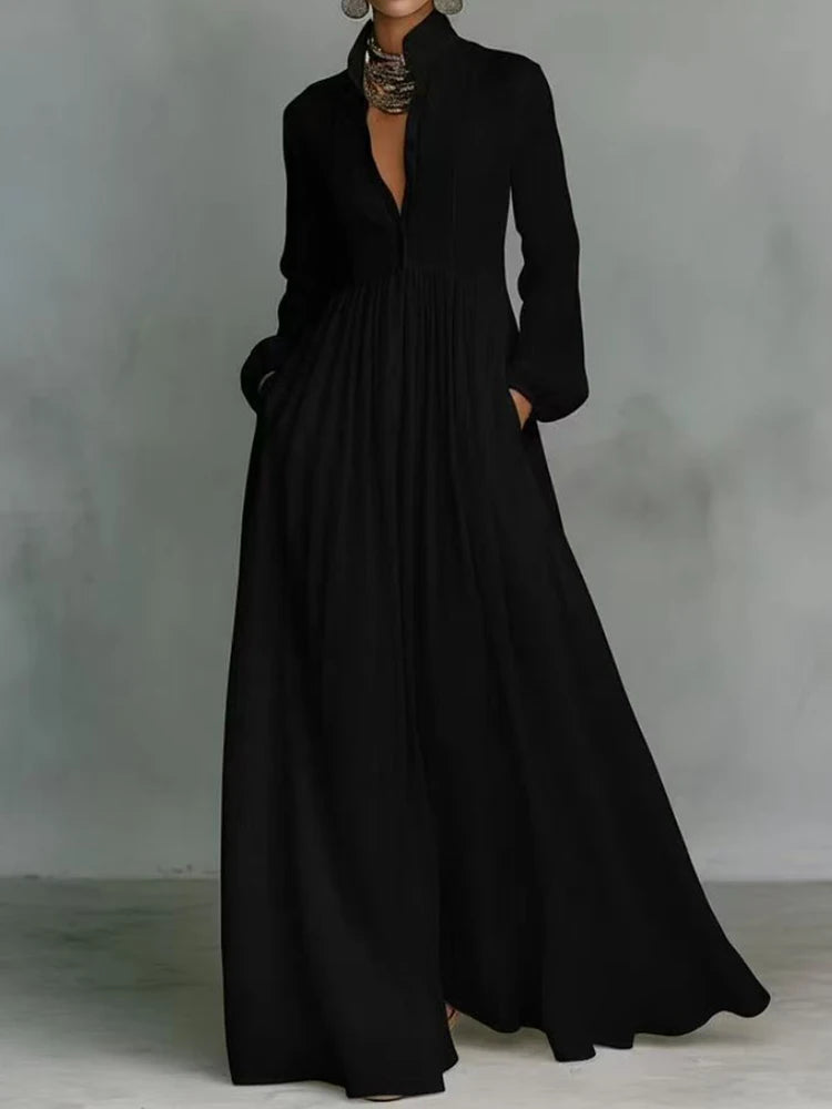 Elegant Stand Collar Long Sleeve Party Dress, Women 2026 New Spring Solid Casual Dresses, Single Breasted Ladies Pocket Dresses