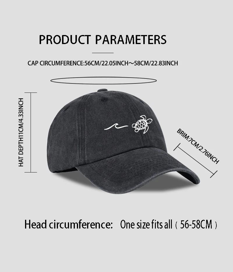 Retro Washed Baseball Cap with Wave, Turtle, and Sun Print – Unisex Adjustable Dad Cap – Summer Beach Sun Hat