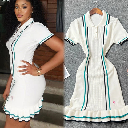 YuooMuoo Women Dress 2025 Summer Vintage Turn-down Collar Knitted Mini Dress Lady Slim Elastic Ruffled Bodycon Party Dress Robes