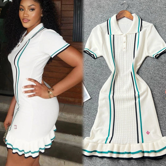 YuooMuoo Women Dress 2025 Summer Vintage Turn-down Collar Knitted Mini Dress Lady Slim Elastic Ruffled Bodycon Party Dress Robes