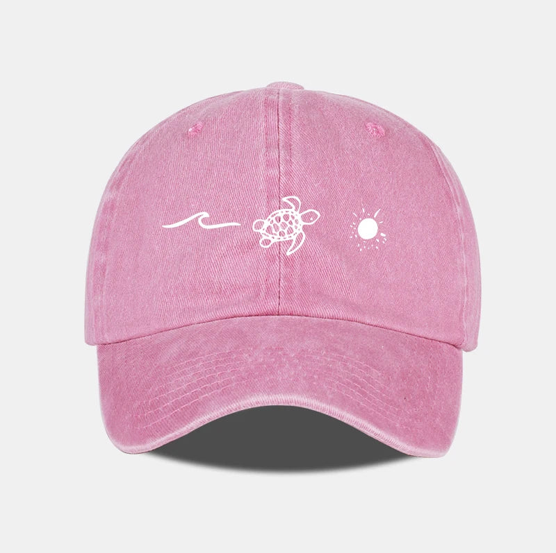 Retro Washed Baseball Cap with Wave, Turtle, and Sun Print – Unisex Adjustable Dad Cap – Summer Beach Sun Hat