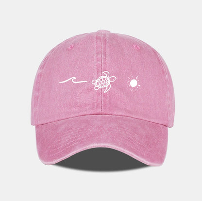 Retro Washed Baseball Cap with Wave, Turtle, and Sun Print – Unisex Adjustable Dad Cap – Summer Beach Sun Hat