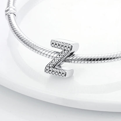 Original 925 Sterling Silver 26 Alphabet Letters Sparkling Zircon Charms Pendant Beads For Women Fine DIY Birthday Jewelry Gifts