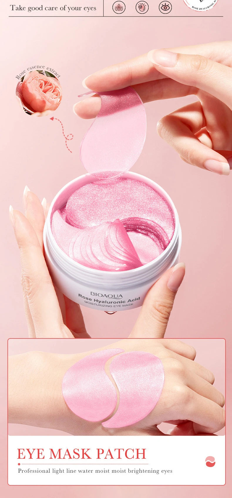 BIOAQUA Rose Hyaluronic Acid Travel Size Eye Mask Anti Wrinkle Dark Circles Eye Patches Moisturizing Firming Skin Care
