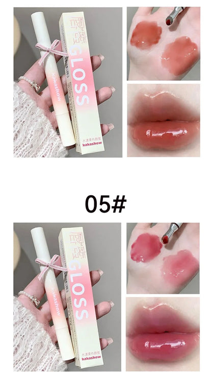 Kakashow Mirror Watery Lip Gloss Iron Brush Head Jelly Lipgloss Moisturizing Lip Tint Lipstick Nature Nude Lips Makeup Cosmetics