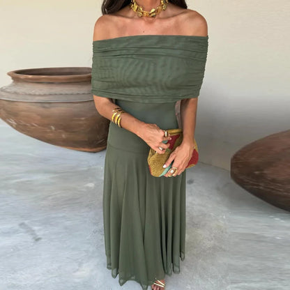 Sexy Sleeveless Commuter Dress Fashion Hight Waist Strapless Slim Long Dress Women Elegant Mesh Splicing Solid Color Party Dress