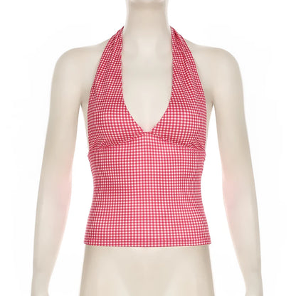SUCHCUTE Fashion Beach Plaid/Heart Printed Halter Neck Tank Tops Women Sweet Sleeveless V-Neck Vest Y2k Slim Crop Tops Coquette