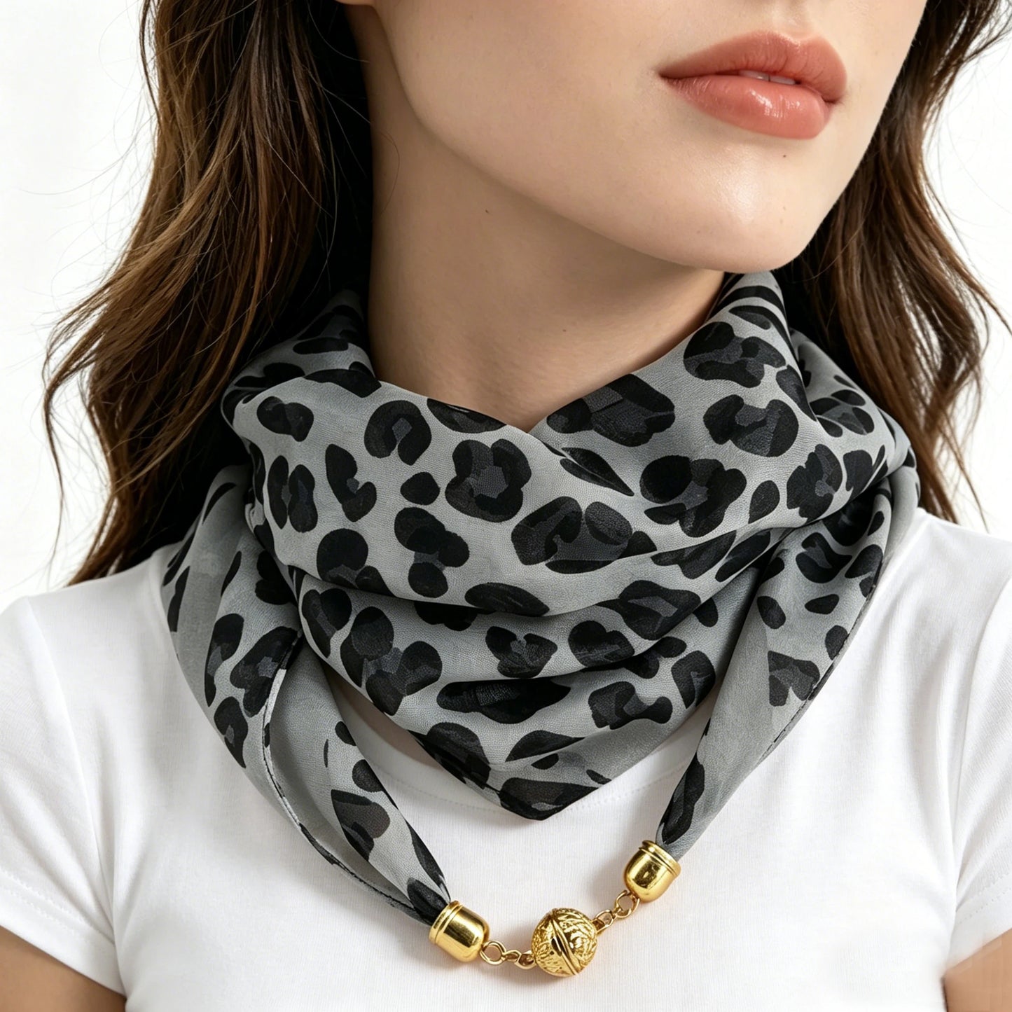 Leopard Print Magnetic Buckle Scarf, 60cm Square Thin Chiffon Neck Scarf, Quick & Easy Wear Fastening Neck Wrap,Decorative Scarf