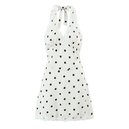 YENKYE Lace Spliced Polka Dot Halter Dress Women Elegant A-line Mini Sexy Backless Dresses Summer Robe 2025