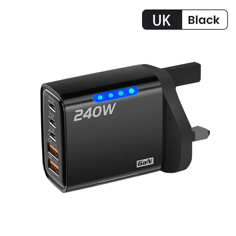 5in1 240W GaN 2USB+3Type-C Fast Charger Multi Ports Phone Charging Head With LED Light Wall Adapter For IPhone 16 15 pro Laptop