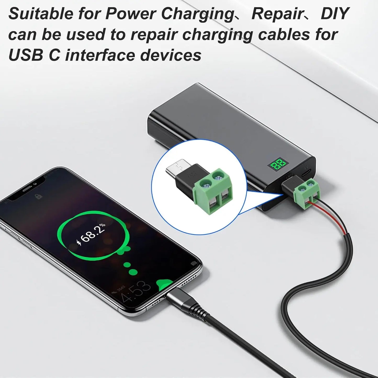 1-4Pcs Solderless Plug USB C to 2Pin Terminal Adapter Screw 5V Crimp Terminal Block Green Type-C to 2 Pin Charging Connector