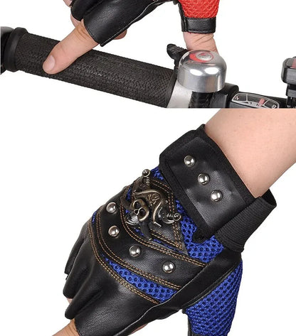 Pirate Captain PU Leather Fingerless Gloves Men Women Skulls Rivet Mitts Hip Hop Gym Gloves Female Moto Half Finger Gloves