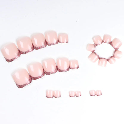 24pcs French Fake Toenails Pink Gradient Full Cover Short Square Toe Nails Foot Nails Tips for Women Girls