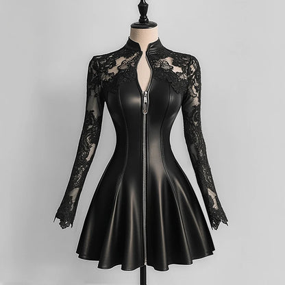 Women’s Elegant PU Leather Dress Black Lace Patchwork Mesh Long Sleeve Zipper Up Bodycon Dress A-Line Party Sexy Mini Dresses