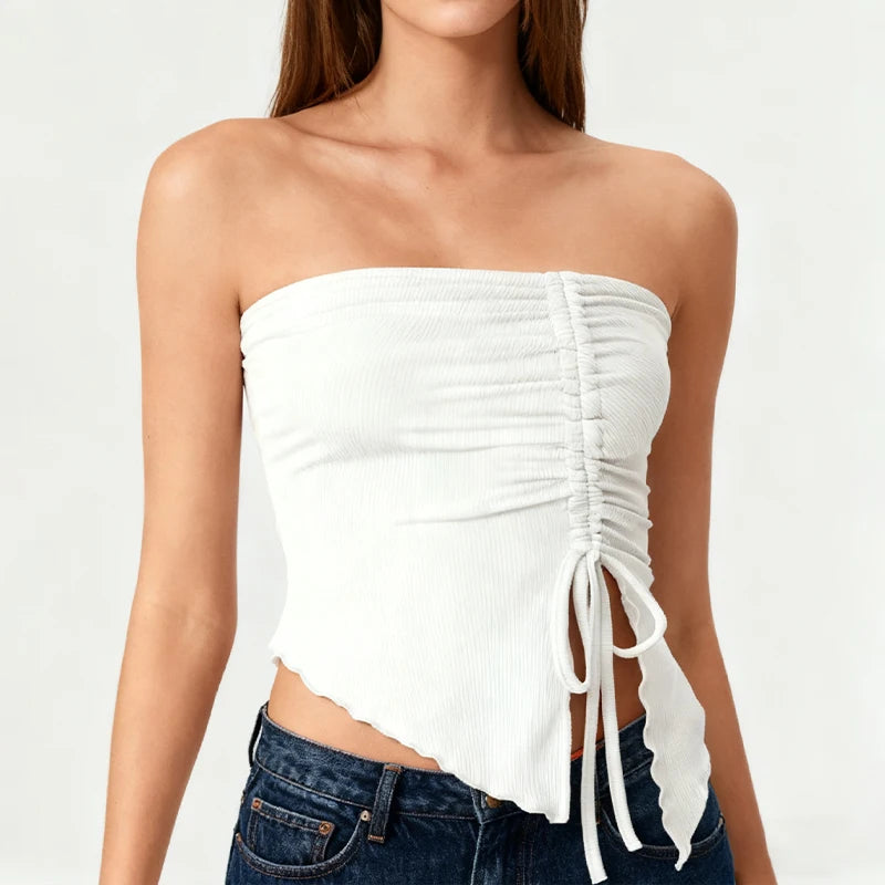 Spring Summer Y2K Women's Strapless Sleeveless Tube Top Mesh Ruched Side Asymmetrical Lace up Bandeau Cami Tank Tops Streetwear