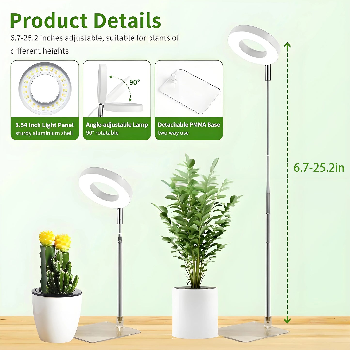 Full Spectrum Fill Light LED Grow Lamp for Indoor Solar Plants with Adjustable Height, 3/9/12H Timer 10-Level Dimming for Garden