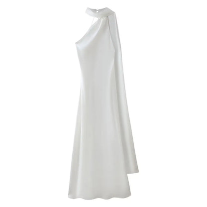 VEITCHE Elegant Women's Soft Silk Satin Long Dress Halter Backless Sleeveless Maxi Dresses Summer Lady Long Ribbon Party Gowns