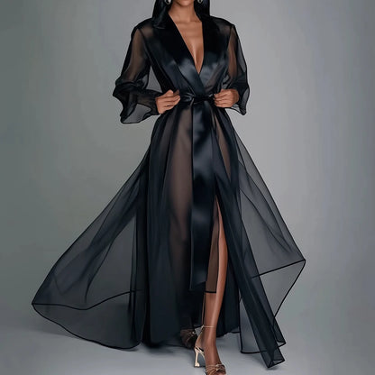 Organza See Through Long Sleeve Lace Up Robe Maxi Dress Summer Lapel Collar Fashion Bridal Robes Women's Gown Solid Party Dress