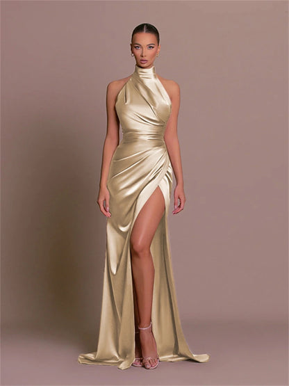 Ladies Summer Satin Evening Birthday Party Dresses Women Sleeveless Backless Halter Side Slit Elegant Long Dress Mowan Clothes