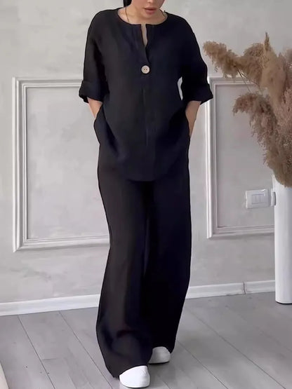 Cotton Linen Sets Two 2 Pieces Sale Casual Long Sleeve Button Loose Blouse Shirt&High Elastic Wide Leg Loose Pant Suits NMD-3021