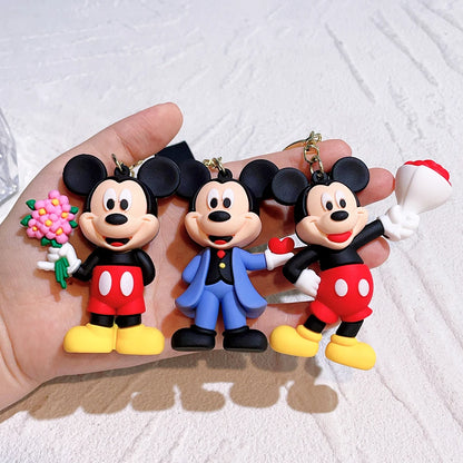 Mickey Minnie Flower Series PVC Figure Keychain Set, 6PCS Cute Cartoon Couple Key Rings with Floral Design for Bag Gift