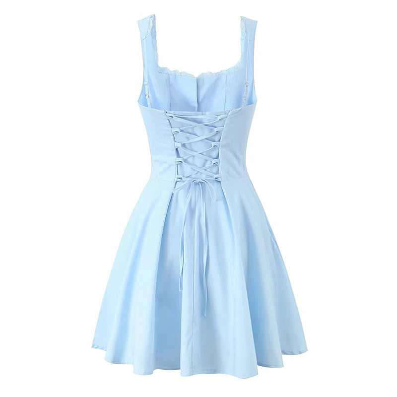 YENKYE New 2025 Women Blue Elegant Party Mini Dresses Sexy Sleeveless Low Waist A-line Summer Dress Lace Up Back Robe