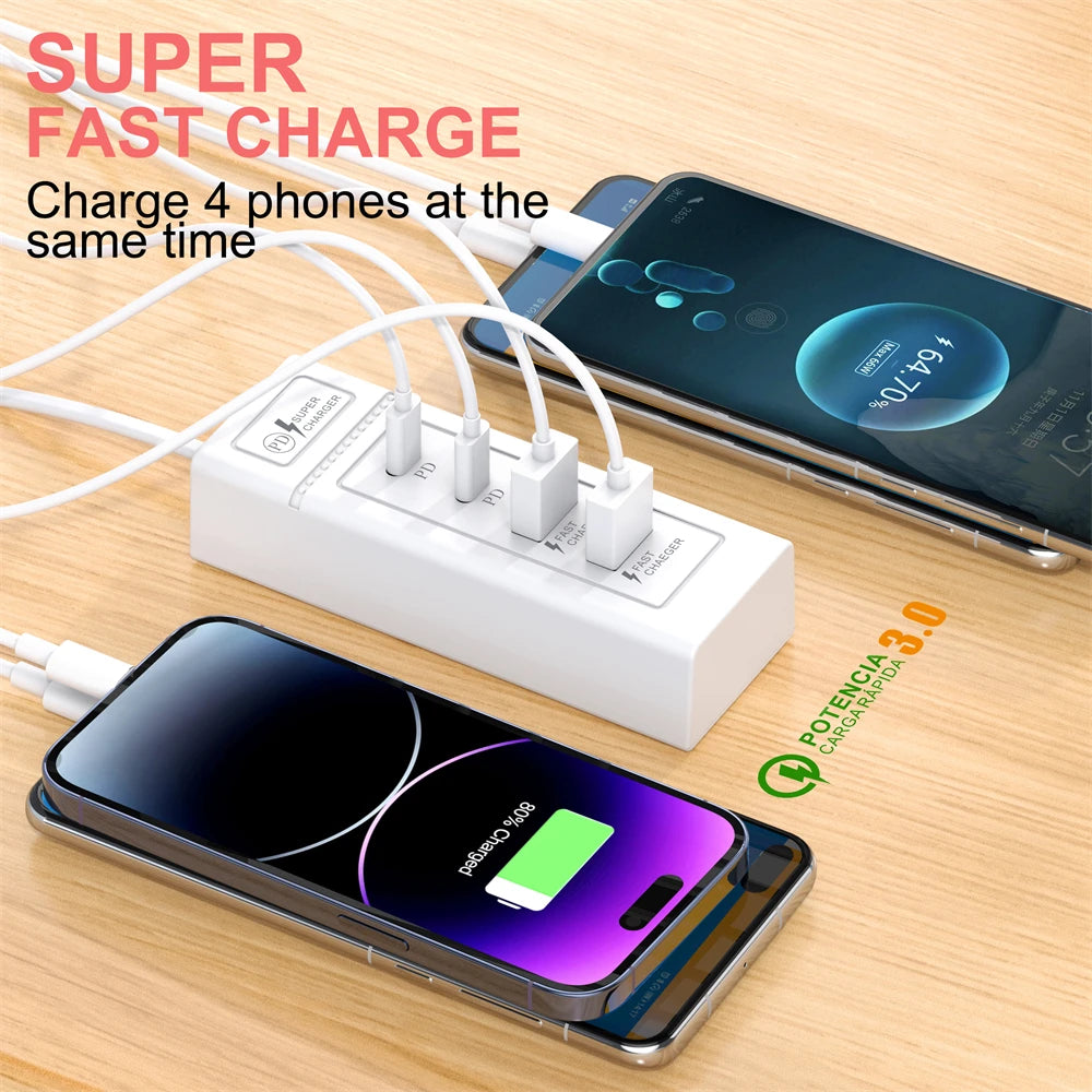4Ports USB Fast Charger Station USB HUB3.0 Multi Splitter Adapter USB C Expander Portable Travel Charger For iPhone Xiaomi Phone