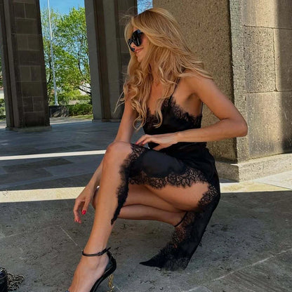 MUJER 2025 Lace Slip Dress Woman Black Backless Short Dresses for Women Asymmetric Party Women's Summer Dress Satin Sexy Dresses