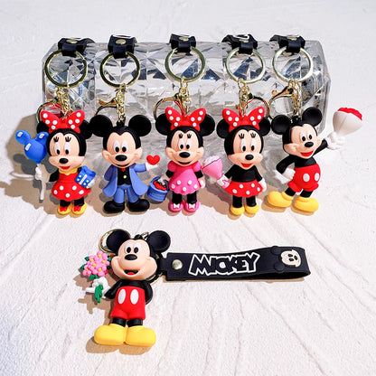 Mickey Minnie Flower Series PVC Figure Keychain Set, 6PCS Cute Cartoon Couple Key Rings with Floral Design for Bag Gift